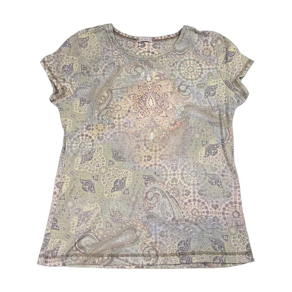 Xcit USA Paisley Top Women XL Green Brown Excellent Vintage Y2K Boho Rhinestone
